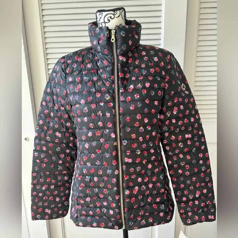 Kate Spade Black Floral Puffer Jacket Coat Size XS EUC
